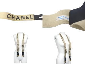 CHANEL シャネル ヴィンテージ サスペンダー ココマーク レザー ゴム ベージュ ブラック ゴールド金具 美品 中古 4c068325