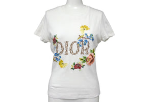 ChristianDior クリスチャンディオール 半袖Tシャツ トロッター柄 フラワー刺繍 ロゴハーフ ホワイト マルチカラー 38 美品 中古 4c068384