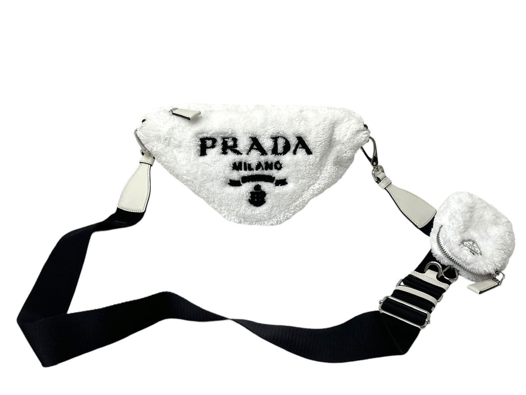 極美品 PRADA プラダ ショルダーバッグ 1BH190 パイル ポーチ付き トライアングルロゴ ブラック ホワイト レザー シルバー金具 中古 4c068406