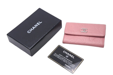 CHANEL シャネル カメリア カードケース 二つ折り財布 ラムスキン ピンク シルバー金具 A50088 14番台 美品 中古 4c068524