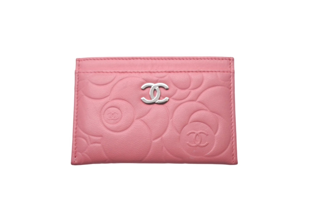 CHANEL シャネル カメリア カードケース 名刺入れ ラムスキン ピンク シルバー金具 16番台 美品 中古 4c068525