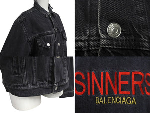 極美品 BALENCIAGA バレンシアガ 18SS シンンナーズ バック刺繍 ダメージ加工デニムジャケット コットン ブラック 中古 4c068547