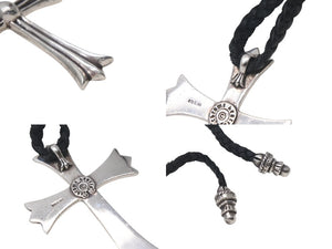 CHROME HEARTS クロムハーツ ラージCHクロス Wボロチップ ネックレス 重量64.5g 全長約93cm シルバー925 レザー 美品 中古 4c068646