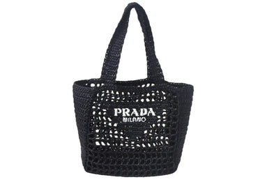 極美品 PRADA プラダ スモール ラフィア トートバッグ バスケットバッグ かごバッグ ハンドバッグ 1BG444 ブラック 中古 4c068682