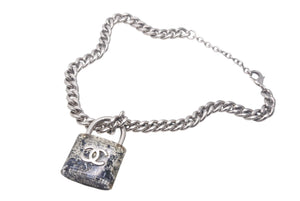 CHANEL Cadena Chain Necklace Coco Mark 14K Engraved Silver Clear GP Resin Good Used 4c068818