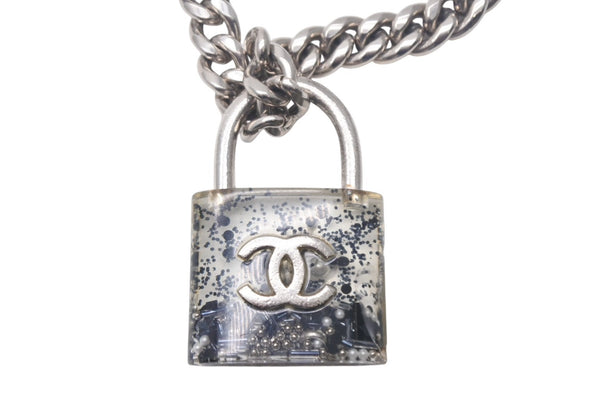 CHANEL Cadena Chain Necklace Coco Mark 14K Engraved Silver Clear GP Resin Good Used 4c068818