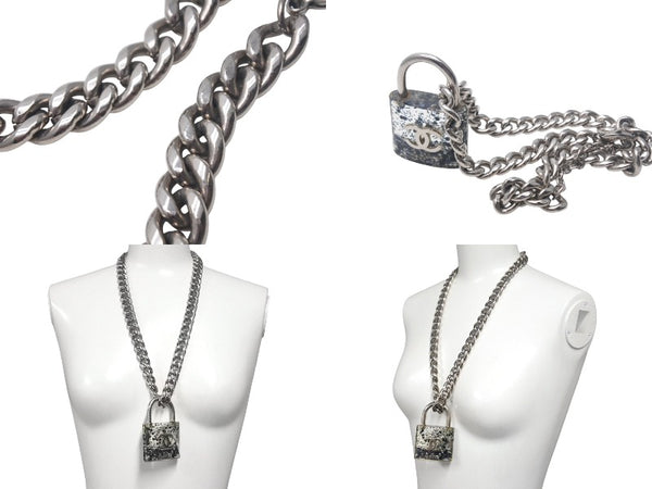 CHANEL Cadena Chain Necklace Coco Mark 14K Engraved Silver Clear GP Resin Good Used 4c068818