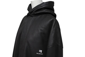 BALENCIAGA バレンシアガ 22AW スポーティ B タクシー レザー ブルゾン ジャケット フーディ― 719225 ブラウン ラムスキン ロゴ サイズ44 美品 中古 4c068936