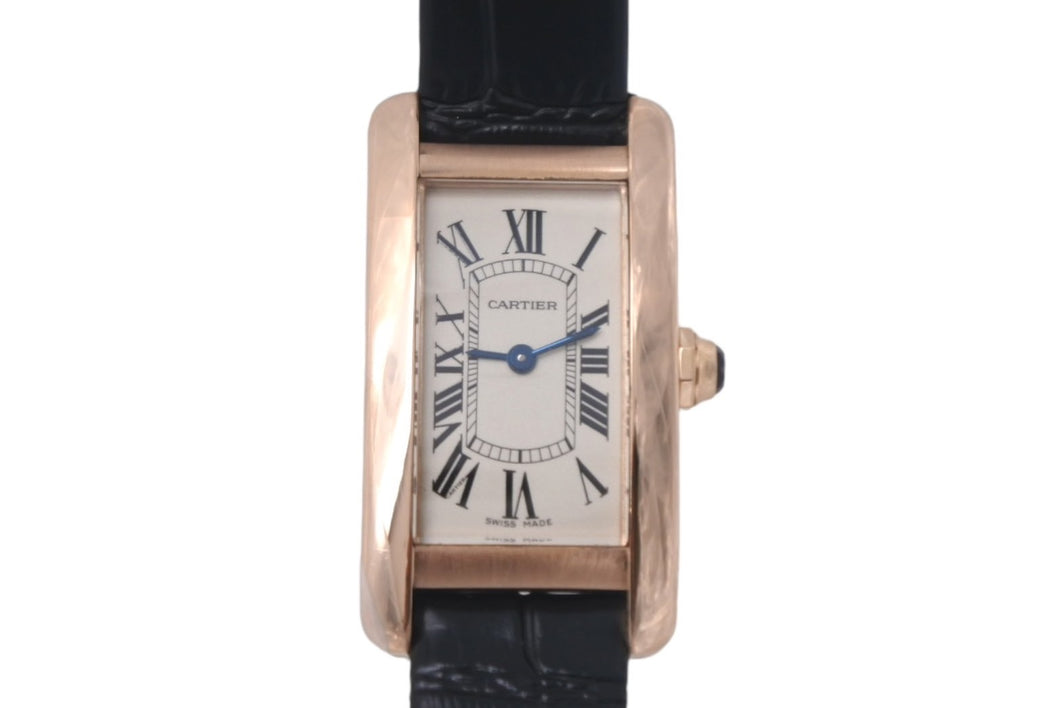 極美品 CARTIER カルティエ クオーツ 時計 タンク アメリカン W2607456 QZ PG 革ベルト ピンクゴールド シルバー文字盤 ブラック 中古 4c068993