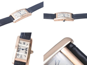 極美品 CARTIER カルティエ クオーツ 時計 タンク アメリカン W2607456 QZ PG 革ベルト ピンクゴールド シルバー文字盤 ブラック 中古 4c068993