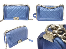 画像をギャラリービューアに読み込む, CHANEL シャネル ボーイシャネル チェーンショルダーバッグ 20番台 カーフ パンチングレザー メタリックブルー 美品 中古 4c069031
