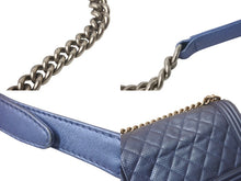 画像をギャラリービューアに読み込む, CHANEL シャネル ボーイシャネル チェーンショルダーバッグ 20番台 カーフ パンチングレザー メタリックブルー 美品 中古 4c069031