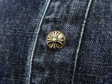画像をギャラリービューアに読み込む, 極美品 CHROME HEARTS クロムハーツ 長袖シャツ サイズXL クロスボール クロスパッチ デニム ブルー コットン シルバー925 中古 4c069053