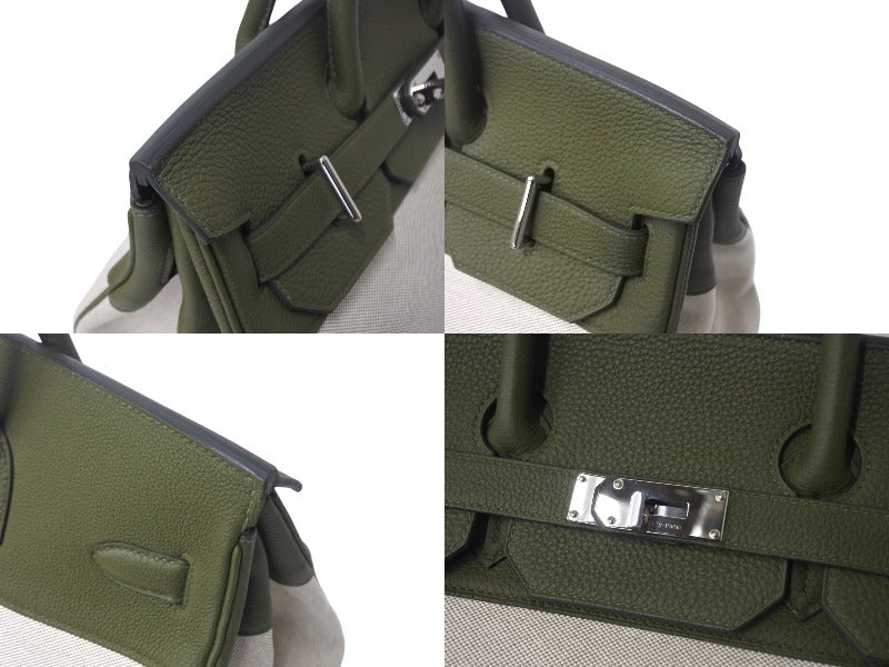 Very Good Condition HERMES Hautacroix 40 Handbag U Engraved Togo Toile Ash Veronese Ecru Khaki Used 4c069113