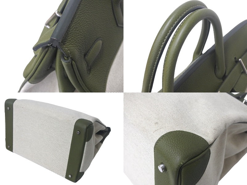 Very Good Condition HERMES Hautacroix 40 Handbag U Engraved Togo Toile Ash Veronese Ecru Khaki Used 4c069113