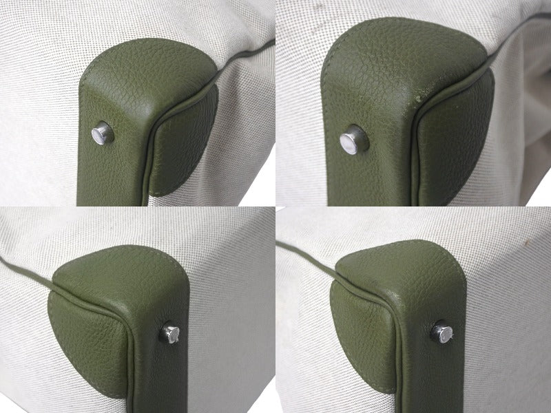 Very Good Condition HERMES Hautacroix 40 Handbag U Engraved Togo Toile Ash Veronese Ecru Khaki Used 4c069113