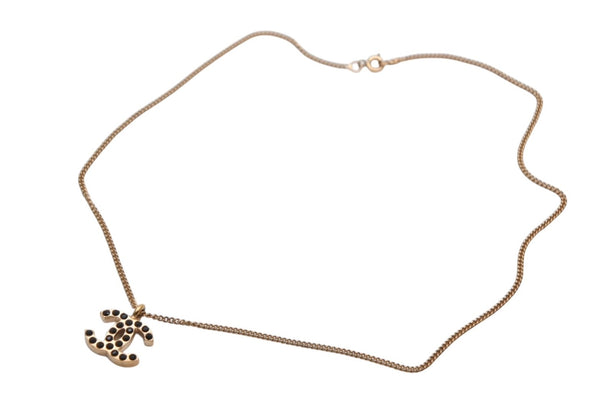 極美品 CHANEL シャネル ココマーク ブラック ラインストーン ネックレス 7g 01A メタル ゴールド ロゴ アクセサリー 中古 4c069442