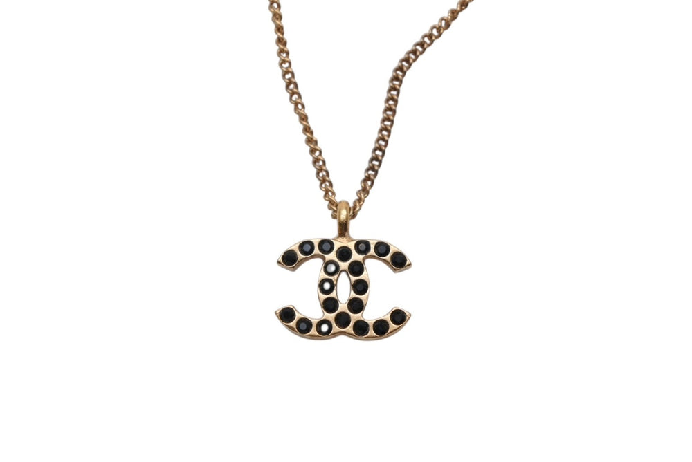 極美品 CHANEL シャネル ココマーク ブラック ラインストーン ネックレス 7g 01A メタル ゴールド ロゴ アクセサリー 中古 4c069442
