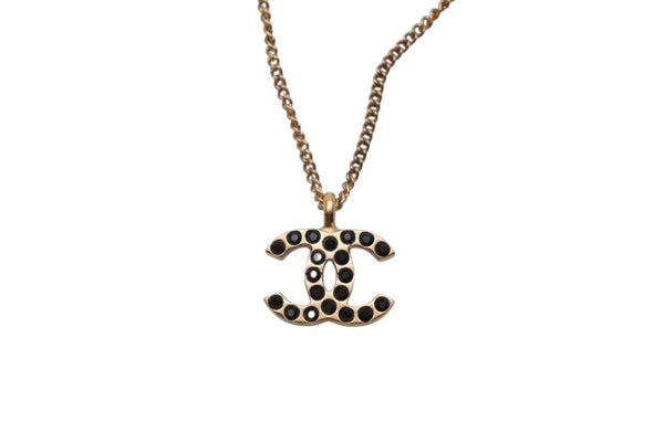 極美品 CHANEL シャネル ココマーク ブラック ラインストーン ネックレス 7g 01A メタル ゴールド ロゴ アクセサリー 中古 4c069442