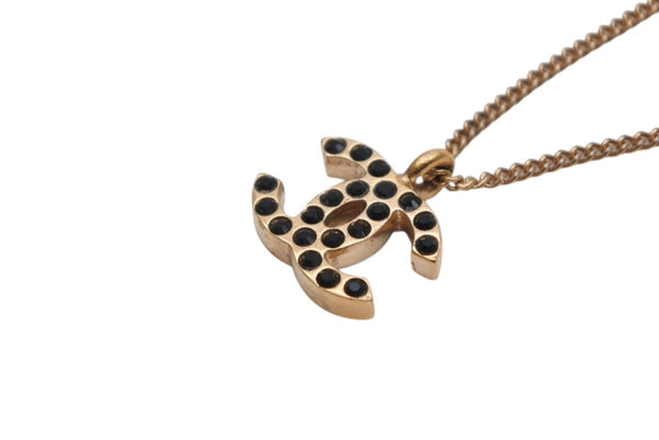 極美品 CHANEL シャネル ココマーク ブラック ラインストーン ネックレス 7g 01A メタル ゴールド ロゴ アクセサリー 中古 4c069442