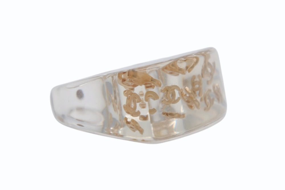 CHANEL Coco Mark Ring 01P Engraved Size 14 Clear Gold Good Condition Used 4c069464