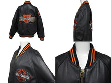 画像をギャラリービューアに読み込む, HARLEY DAVIDSON ハーレーダビットソン 総刺繍 オールレザー ジャケット レザー ナイロン ブラック オレンジ サイズM 美品 中古 4c069480