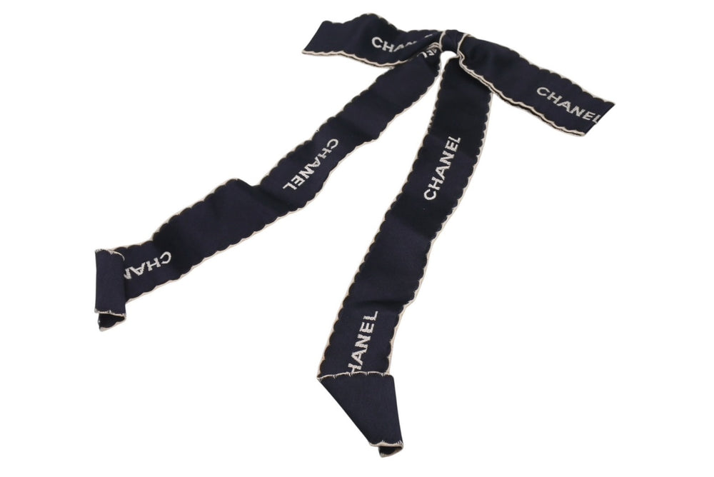 CHANEL Logo Ribbon Tie Silk Brooch Navy Blue White Good Condition Used 4c069507