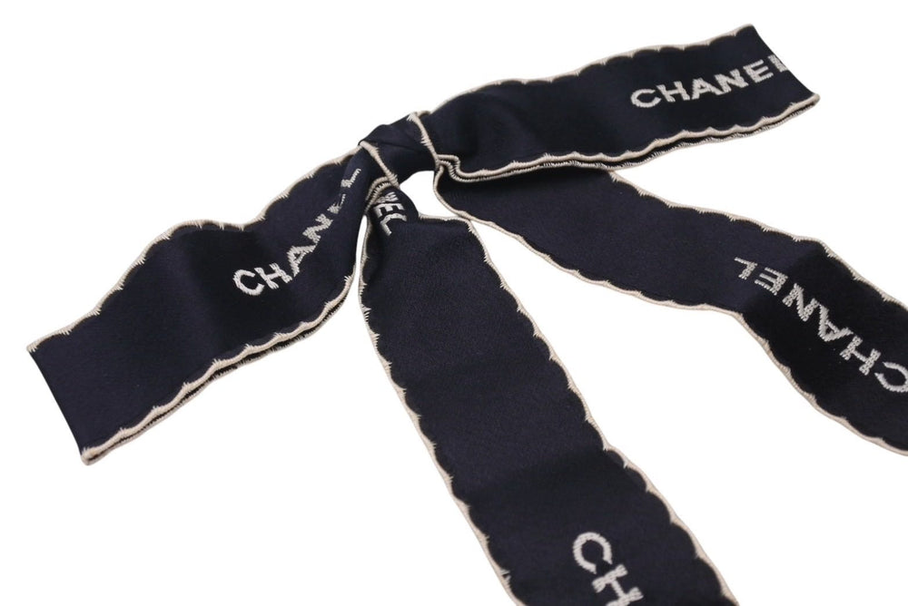 CHANEL Logo Ribbon Tie Silk Brooch Navy Blue White Good Condition Used 4c069507