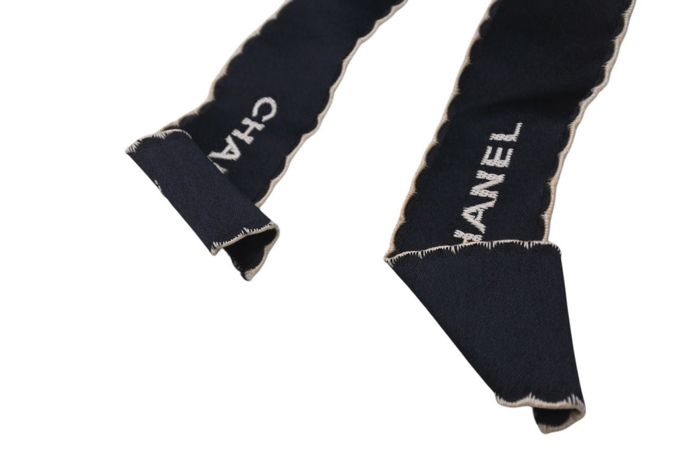 CHANEL シャネル ロゴ リボン タイ シルク ブローチ ネイビーブルー ホワイト 美品 中古 4c069507