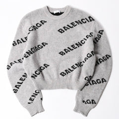 BALENCIAGA バレンシアガ 総柄 ロゴ クルーネック ニットセーター ウール グレー ブラック サイズS 美品 中古 4c069560