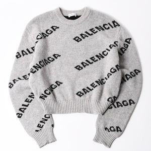 BALENCIAGA バレンシアガ 総柄 ロゴ クルーネック ニットセーター ウール グレー ブラック サイズS 美品 中古 4c069560