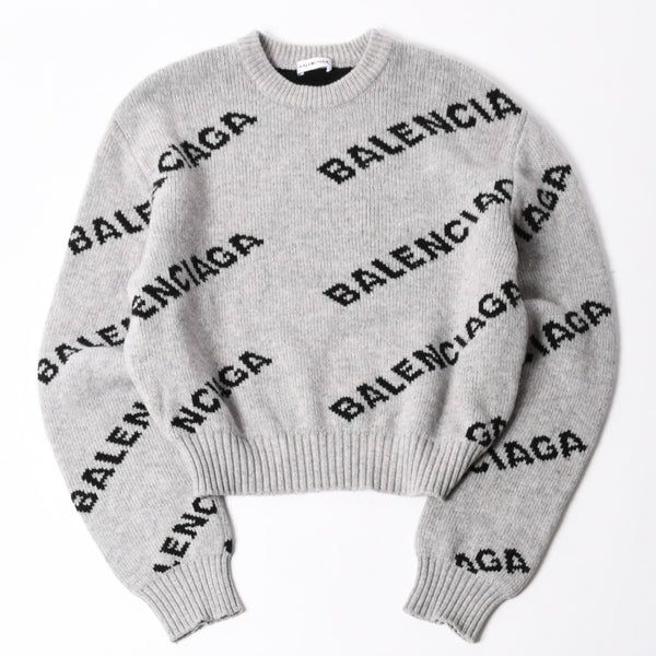 BALENCIAGA バレンシアガ 総柄 ロゴ クルーネック ニットセーター ウール グレー ブラック サイズS 美品 中古 4c069560