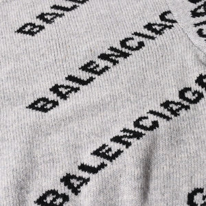 BALENCIAGA バレンシアガ 総柄 ロゴ クルーネック ニットセーター ウール グレー ブラック サイズS 美品 中古 4c069560