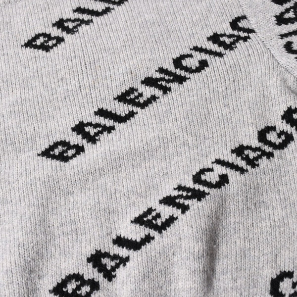 BALENCIAGA バレンシアガ 総柄 ロゴ クルーネック ニットセーター ウール グレー ブラック サイズS 美品 中古 4c069560