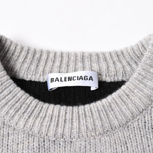 BALENCIAGA バレンシアガ 総柄 ロゴ クルーネック ニットセーター ウール グレー ブラック サイズS 美品 中古 4c069560