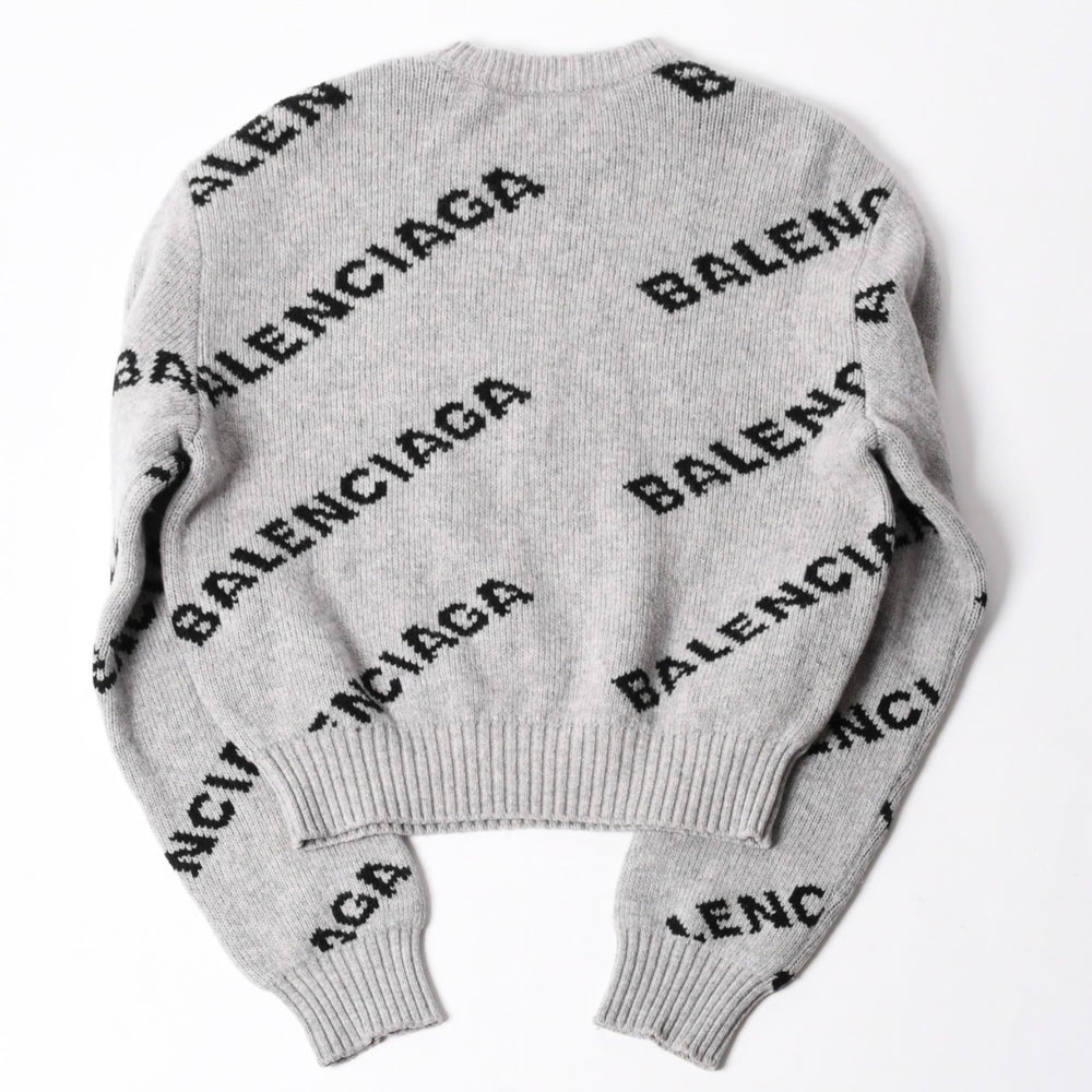 BALENCIAGA バレンシアガ 総柄 ロゴ クルーネック ニットセーター ウール グレー ブラック サイズS 美品 中古 4c069560