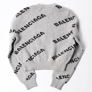 BALENCIAGA バレンシアガ 総柄 ロゴ クルーネック ニットセーター ウール グレー ブラック サイズS 美品 中古 4c069560