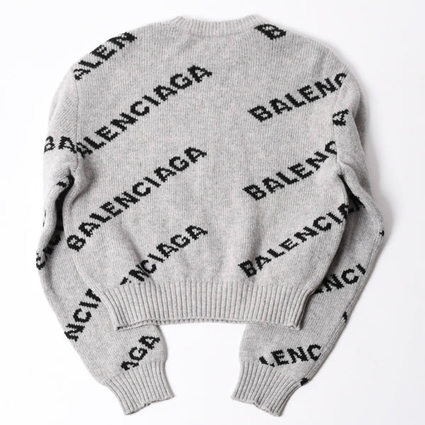 BALENCIAGA バレンシアガ 総柄 ロゴ クルーネック ニットセーター ウール グレー ブラック サイズS 美品 中古 4c069560