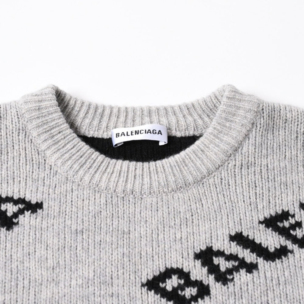 BALENCIAGA バレンシアガ 総柄 ロゴ クルーネック ニットセーター ウール グレー ブラック サイズS 美品 中古 4c069560