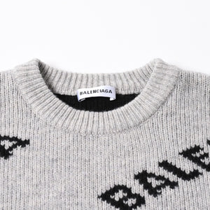 BALENCIAGA バレンシアガ 総柄 ロゴ クルーネック ニットセーター ウール グレー ブラック サイズS 美品 中古 4c069560
