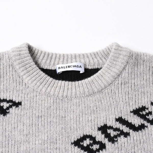 BALENCIAGA バレンシアガ 総柄 ロゴ クルーネック ニットセーター ウール グレー ブラック サイズS 美品 中古 4c069560