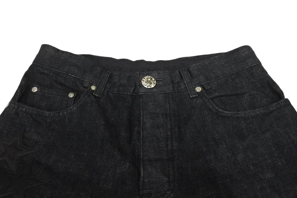 未使用品 CHROME HEARTS クロムハーツ フレアニー スターパッチ デニムパンツ サイズ32 ブラック コットン シルバー925 レザー 中古 4c069726
