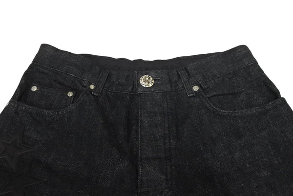 未使用品 CHROME HEARTS クロムハーツ フレアニー スターパッチ デニムパンツ サイズ32 ブラック コットン シルバー925 レザー 中古 4c069726