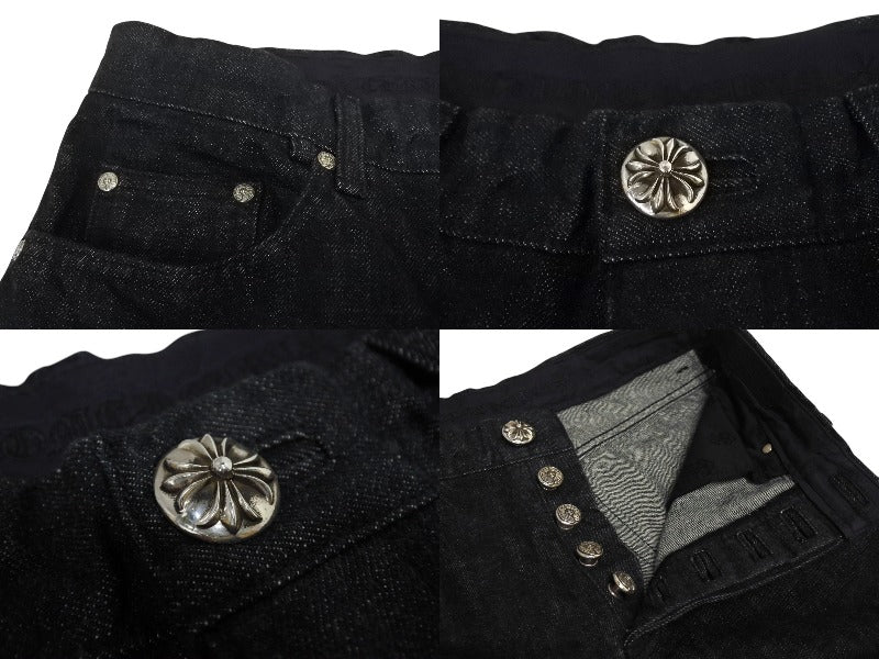 未使用品 CHROME HEARTS クロムハーツ フレアニー スターパッチ デニムパンツ サイズ32 ブラック コットン シルバー925 レザー 中古 4c069726