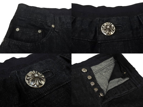 未使用品 CHROME HEARTS クロムハーツ フレアニー スターパッチ デニムパンツ サイズ32 ブラック コットン シルバー925 レザー 中古 4c069726