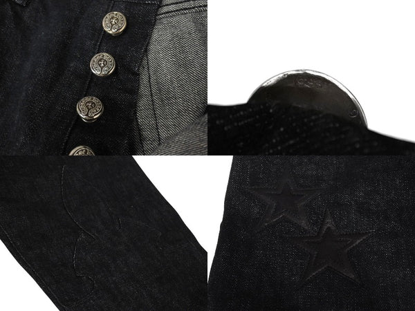 未使用品 CHROME HEARTS クロムハーツ フレアニー スターパッチ デニムパンツ サイズ32 ブラック コットン シルバー925 レザー 中古 4c069726