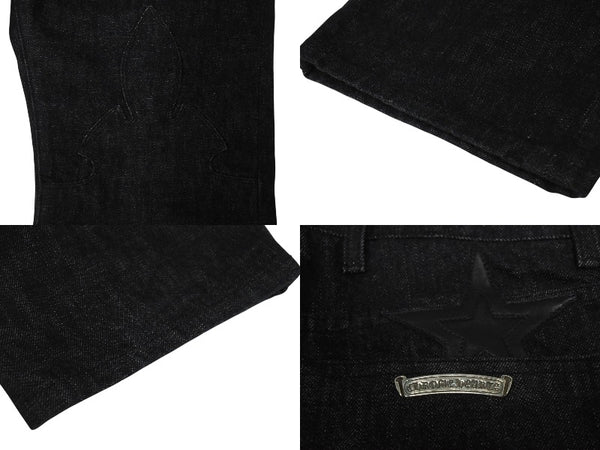 未使用品 CHROME HEARTS クロムハーツ フレアニー スターパッチ デニムパンツ サイズ32 ブラック コットン シルバー925 レザー 中古 4c069726