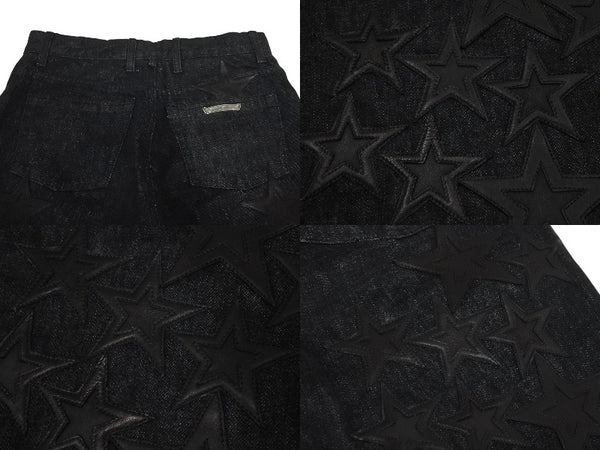 未使用品 CHROME HEARTS クロムハーツ フレアニー スターパッチ デニムパンツ サイズ32 ブラック コットン シルバー925 レザー 中古 4c069726