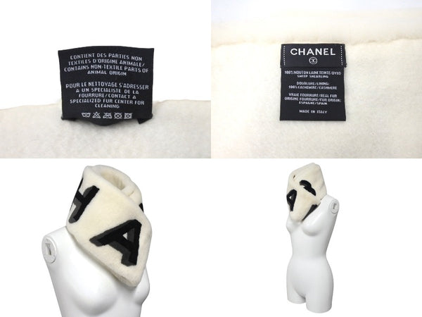 CHANEL Chanel Shearling Muffler Brand Logo Made in Italy Shearling Cashmere White Black Gray Good Condition Used 4c070055