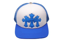 画像をギャラリービューアに読み込む, 新品未使用 CHROME HEARTS クロムハーツ トラッカーキャップ CHクロスパッチ ONE SIZE メッシュ ブルー ホワイト シルバー925 中古 4c070147